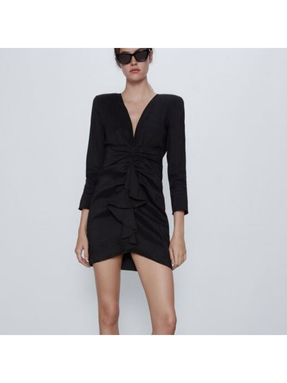 Zara Linen Blend Black Ruffle Front Mini Dress, Size XS